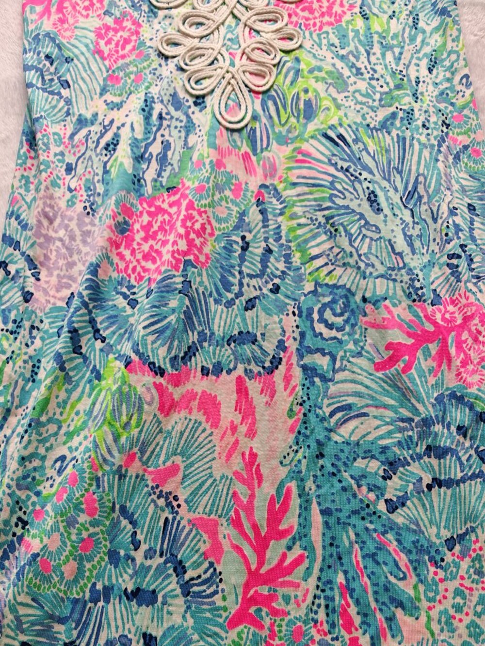 Lilly Pulitzer Pima Cotton Tunic Dress L Blue Pink Tropical Print Lace Neckline - Picture 4 of 11